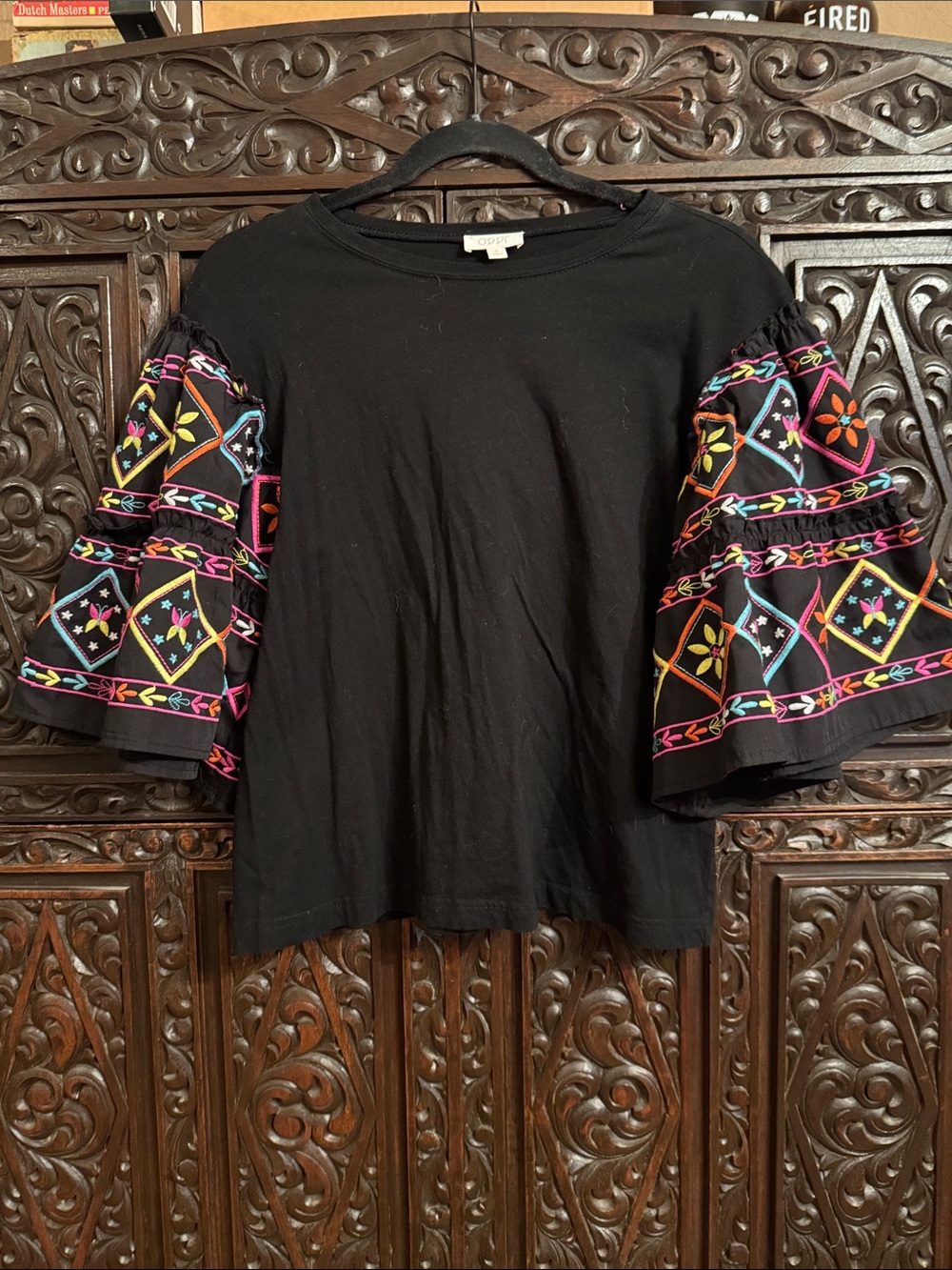 ODDY Black Top with Multicolor Embroidered Puff Sleeves